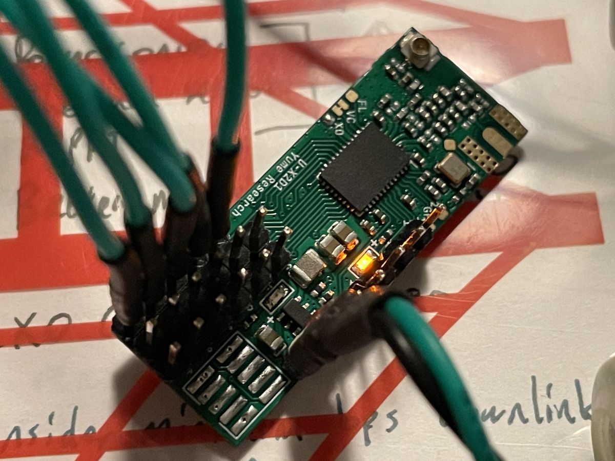 RF module powered on with jumper wires attached
