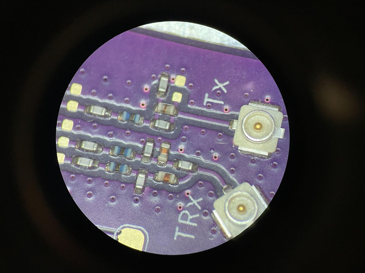 Microscope view of a Tx/Rx matching network with RF connectors